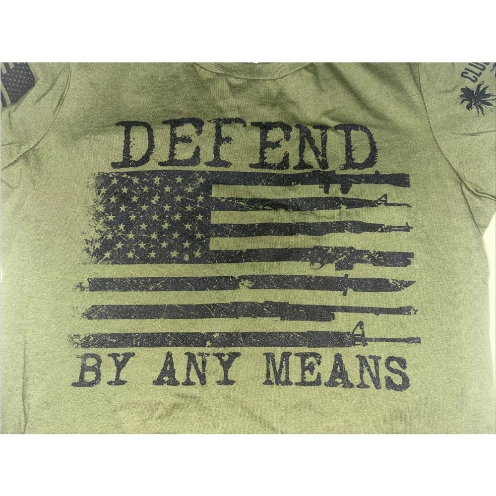 NWOT Grunt Style Club DEFEND BY ANY MEANS Womens M SS T Shirt Camo Green